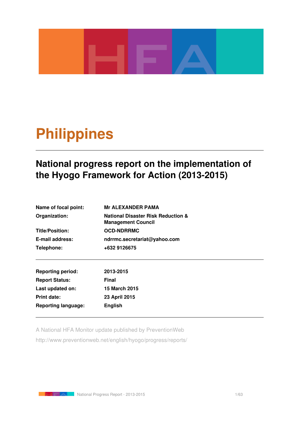 Philippines: National Progress Report on the Implementation of the Hyogo