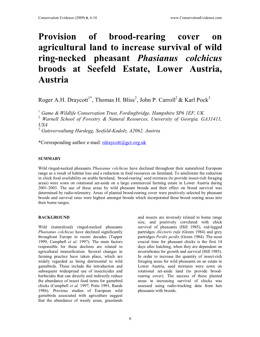 Provision of Brood-Rearing Cover on Agricultural Land to Increase