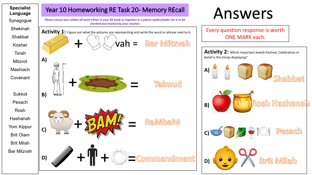 Year 10 Homeworking RE Tasks