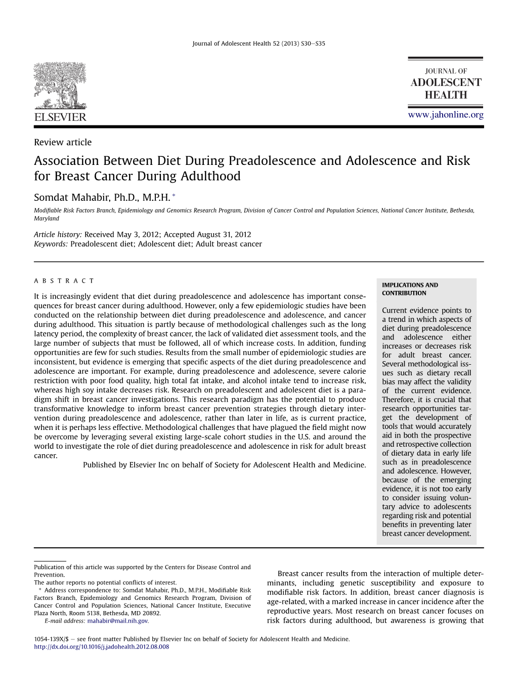 Association Between Diet During Preadolescence and Adolescence and Risk for Breast Cancer During Adulthood