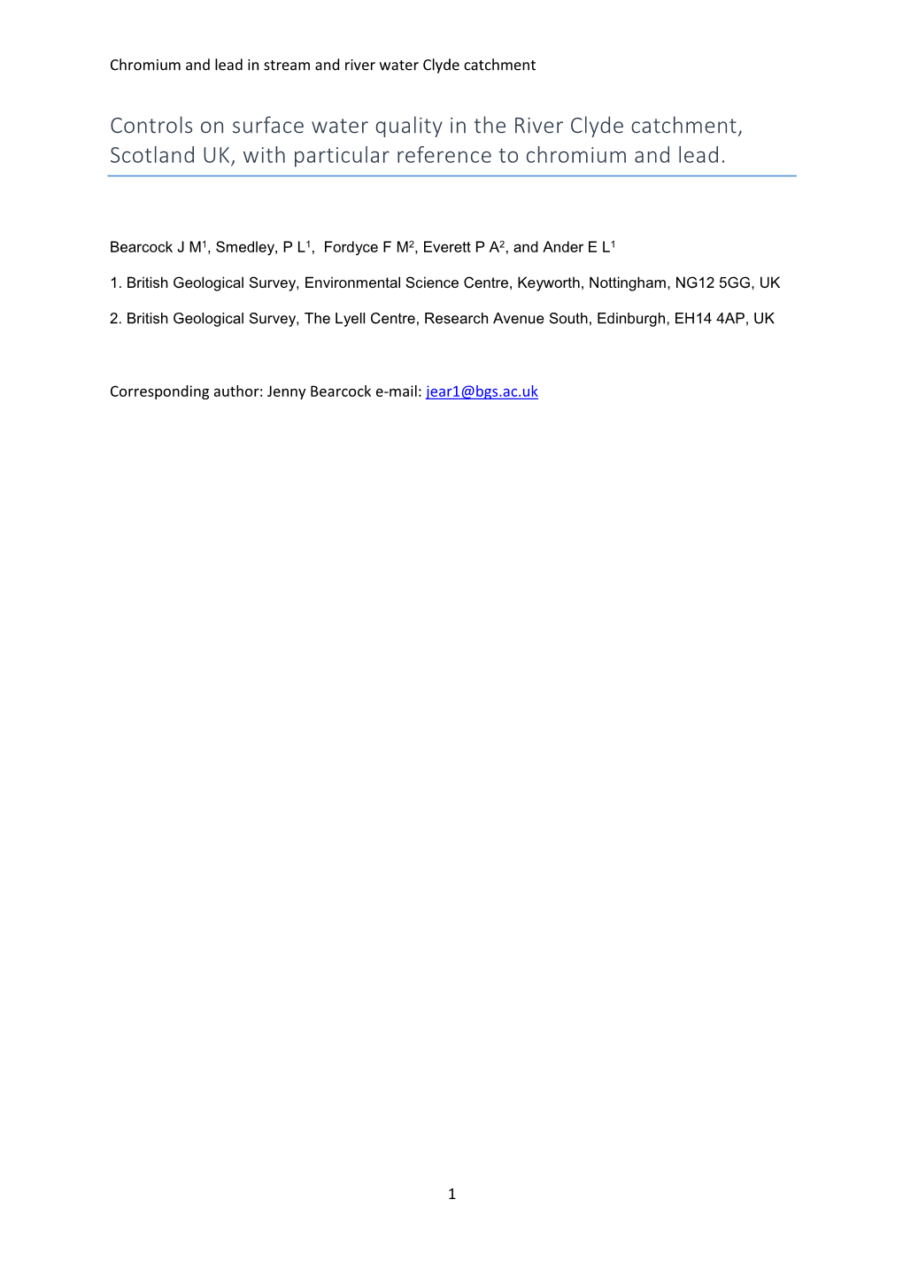 Controls on Surface Water Quality in the River Clyde Catchment, Scotland UK, with Particular Reference to Chromium and Lead