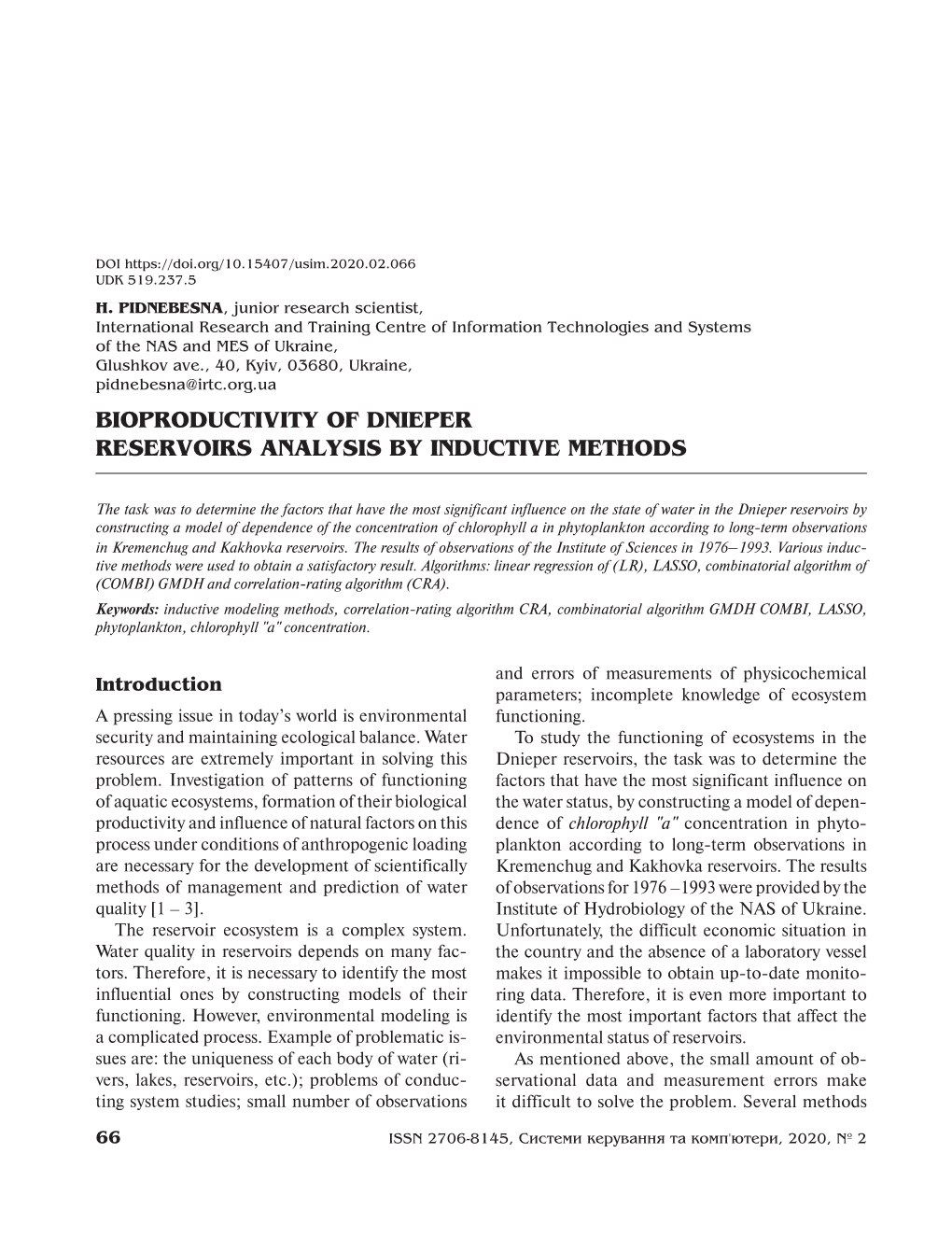 Bioproductivity of Dnieper Reservoirs ANALYSIS by Inductive Methods