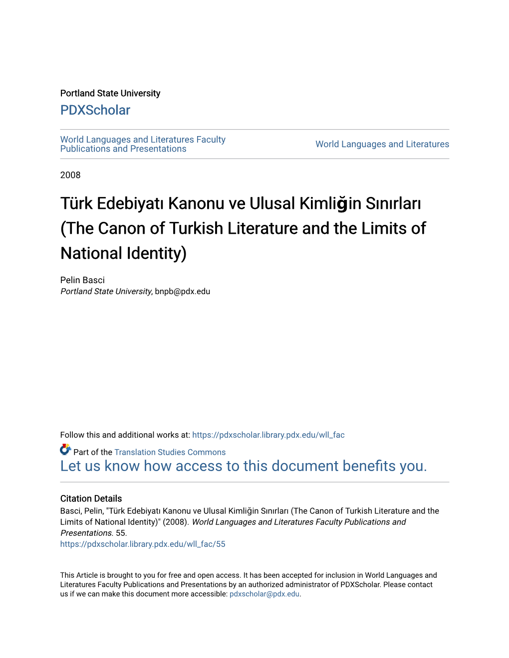 Türk Edebiyatı Kanonu Ve Ulusal Kimliğin Sınırları Türk Edebiyatı