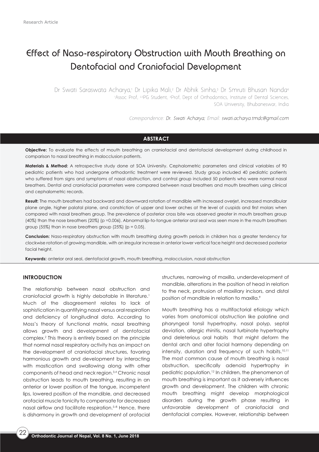 Effect of Naso-Respiratory Obstruction with Mouth Breathing on Dentofacial and Craniofacial Development