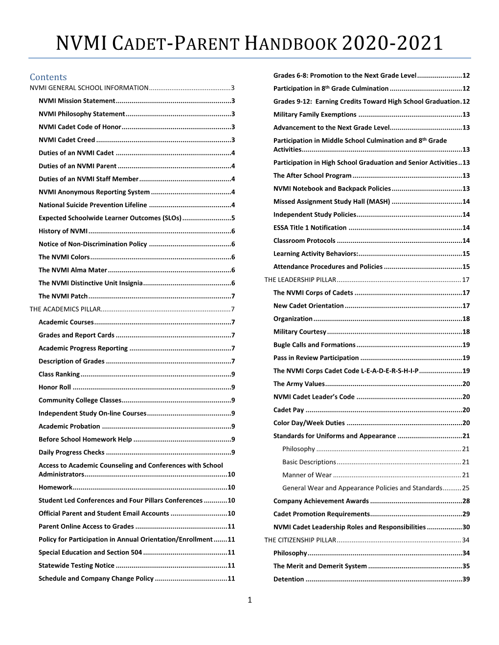 Nvmi Cadet-Parent Handbook 2020-2021