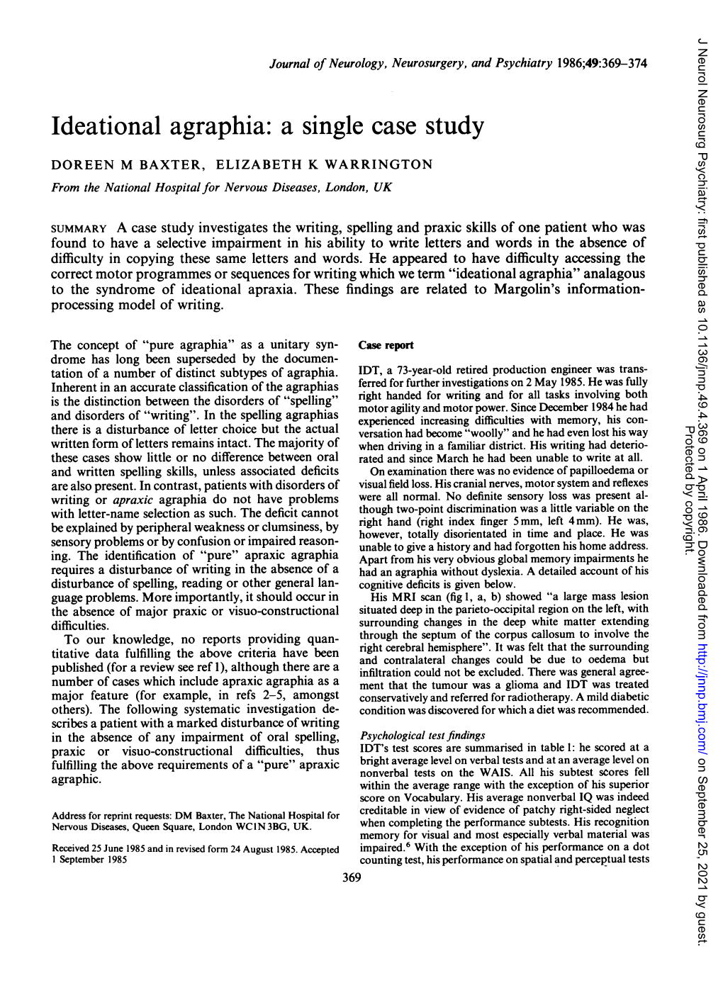 Ideational Agraphia: a Single Case Study