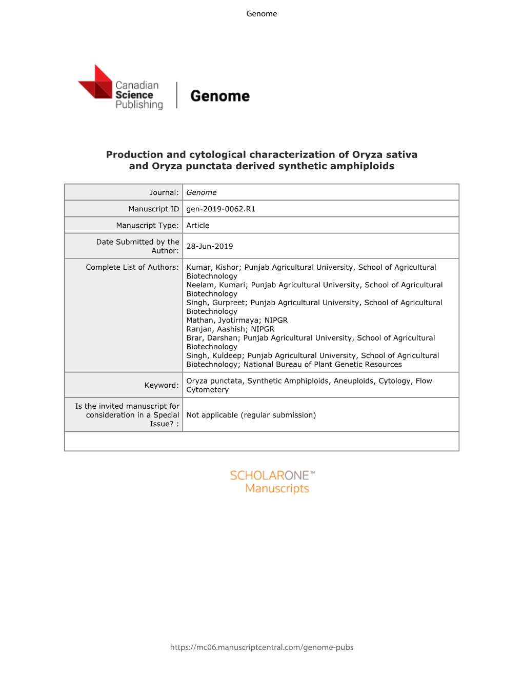 Production and Cytological Characterization of Oryza Sativa and Oryza Punctata Derived Synthetic Amphiploids