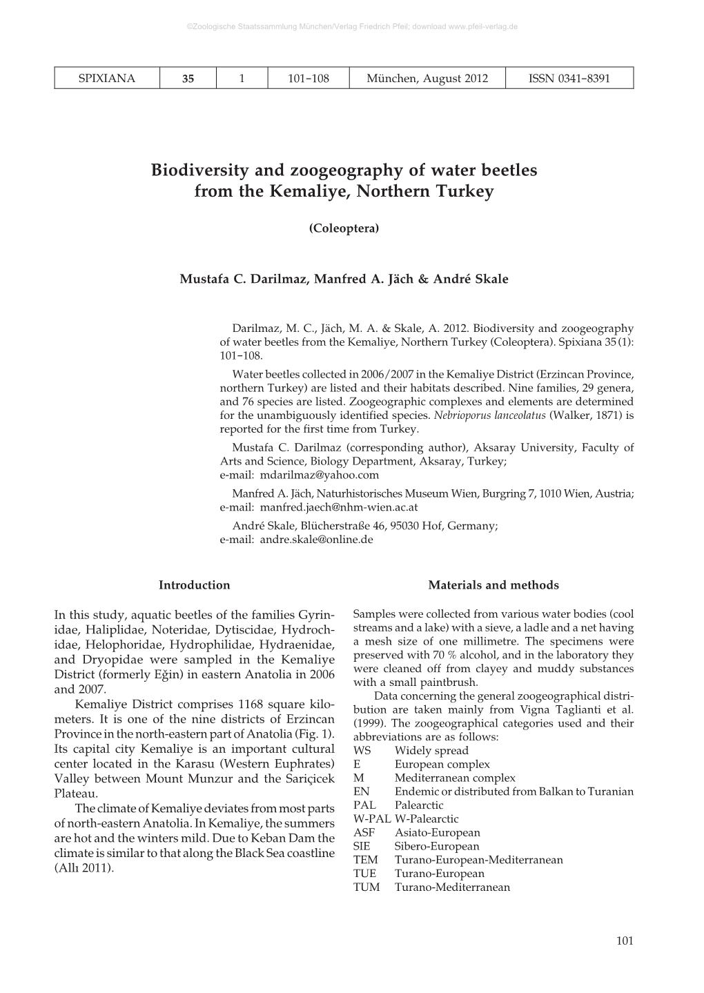 Biodiversity and Zoogeography of Water Beetles from the Kemaliye, Northern Turkey