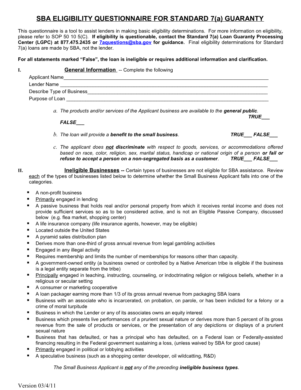 SBA ELIGIBILITY QUESTIONNAIRE for STANDARD 7(A) GUARANTY