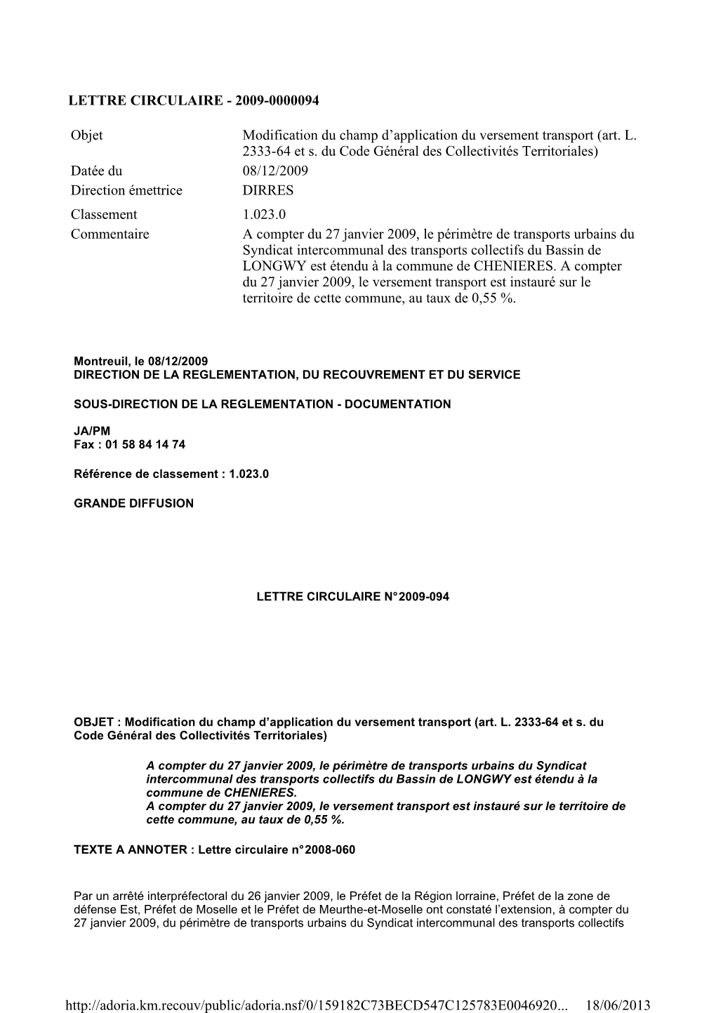 Lettre Circulaire - 2009-0000094