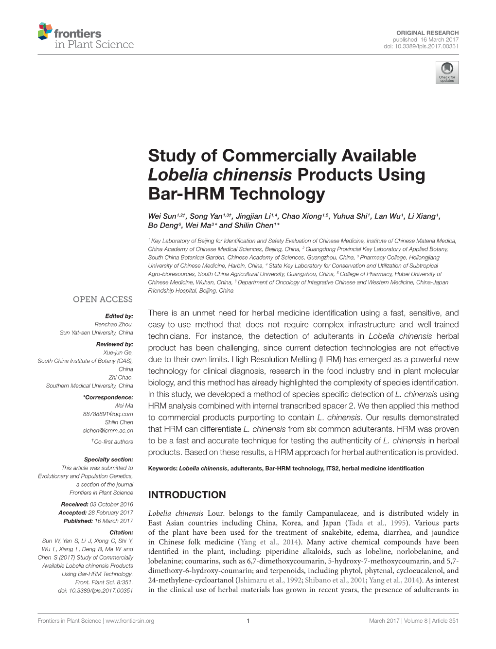 Study of Commercially Available Lobelia Chinensis Products Using Bar-HRM Technology