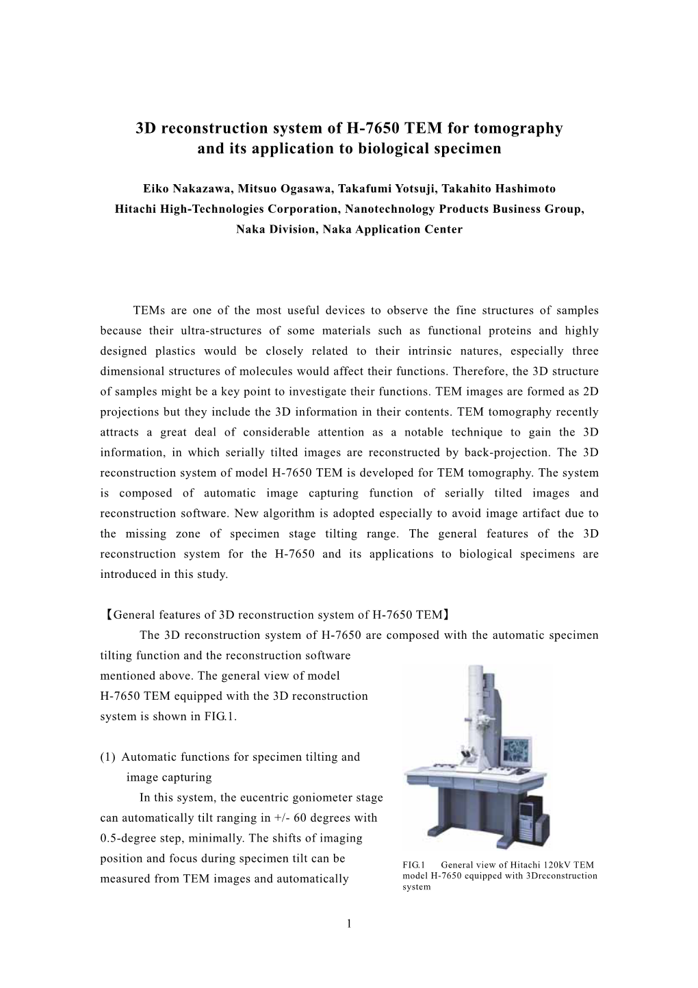 3D Reconstruction System of H-7650 TEM for Tomography and Its Application to Biological Specimen