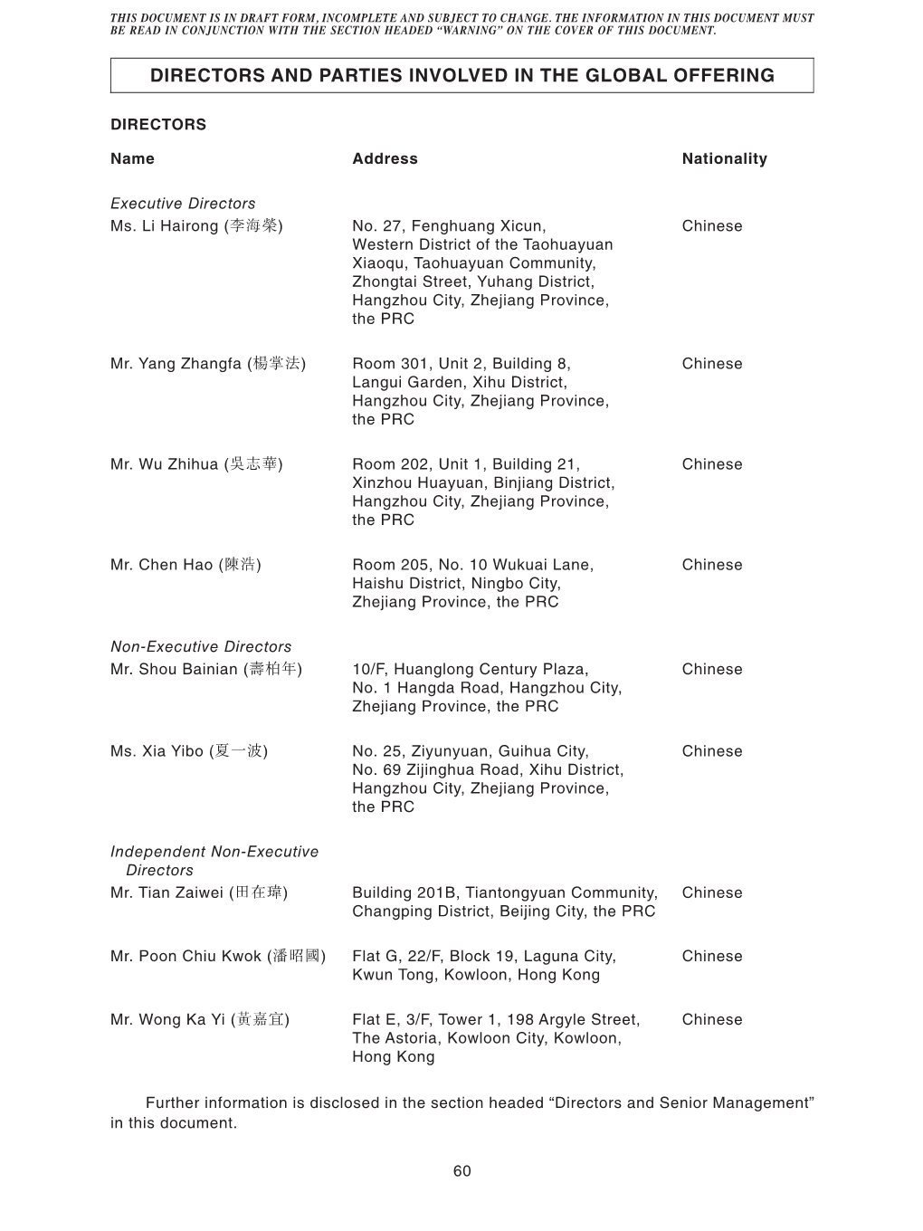 Directors and Parties Involved in the Global Offering