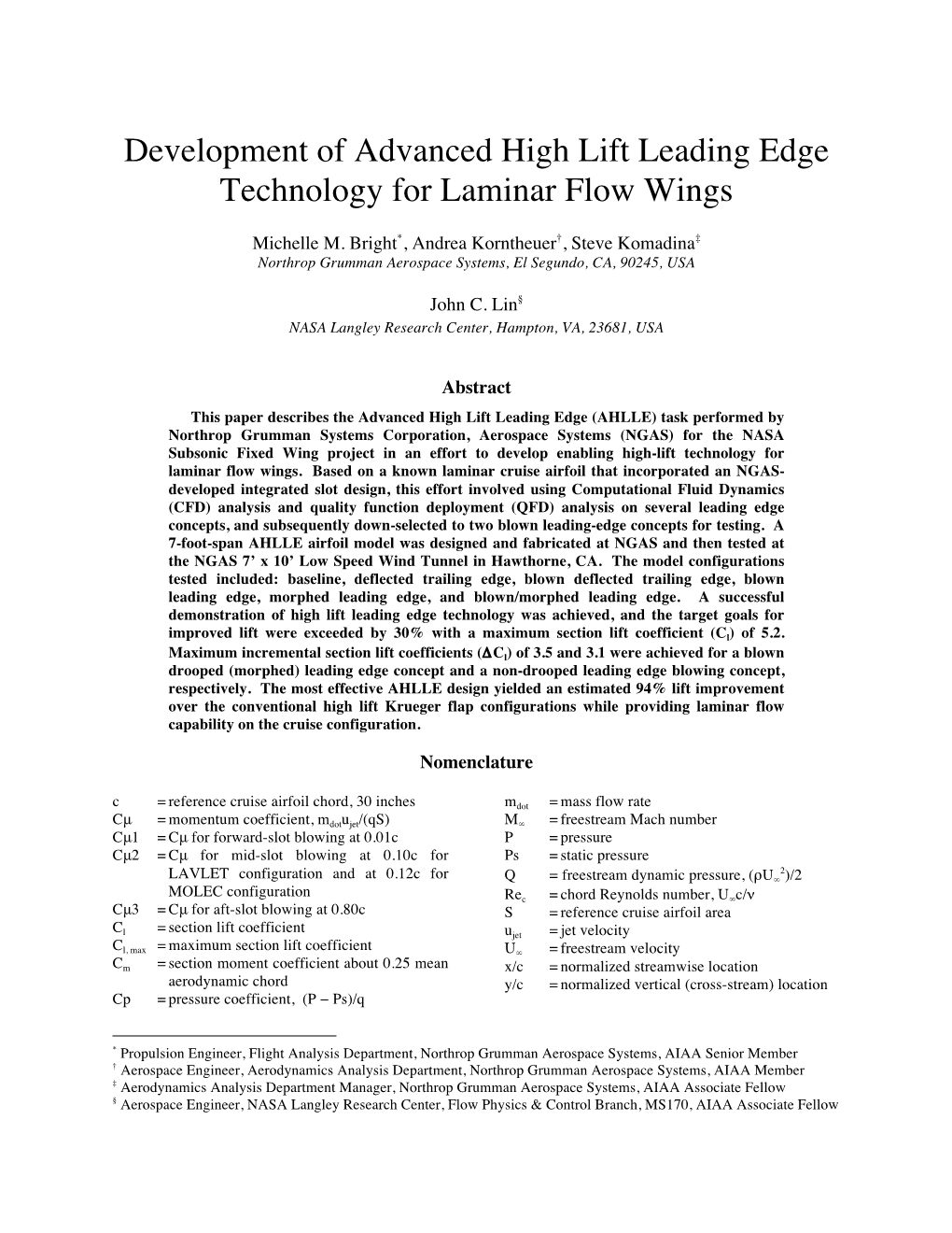 Development of Advanced High Lift Leading Edge Technology for Laminar Flow Wings