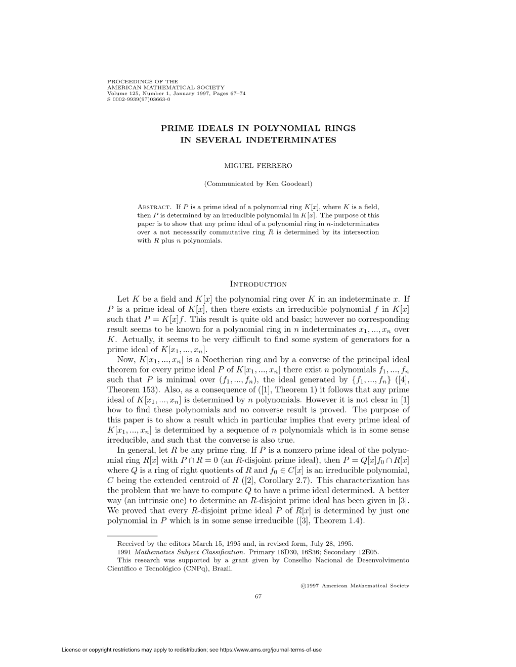 Prime Ideals in Polynomial Rings in Several Indeterminates