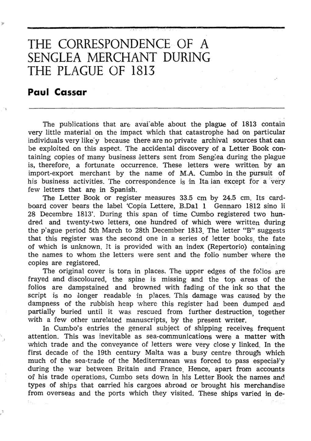 THE CORRESPONDENCE of a SENGLEA MERCHANT DURING the PLAGUE of 1813 Paul Cassar