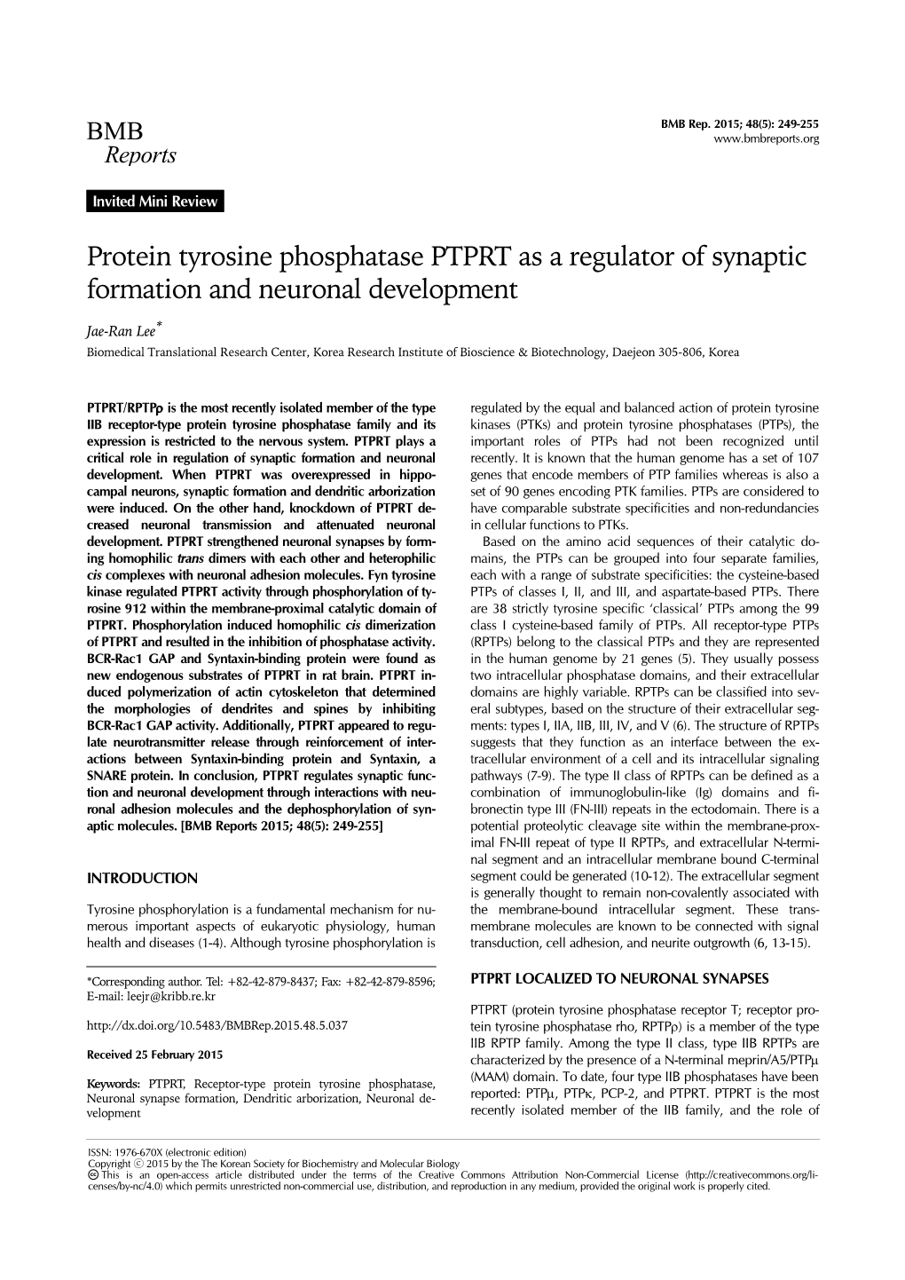 Protein Tyrosine Phosphatase PTPRT As a Regulator of Synaptic Formation and Neuronal Development