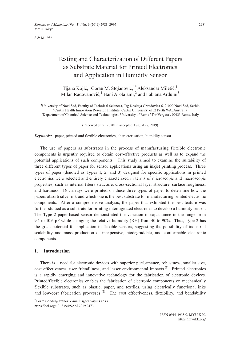 Testing and Characterization of Different Papers As Substrate Material for Printed Electronics and Application in Humidity Sensor