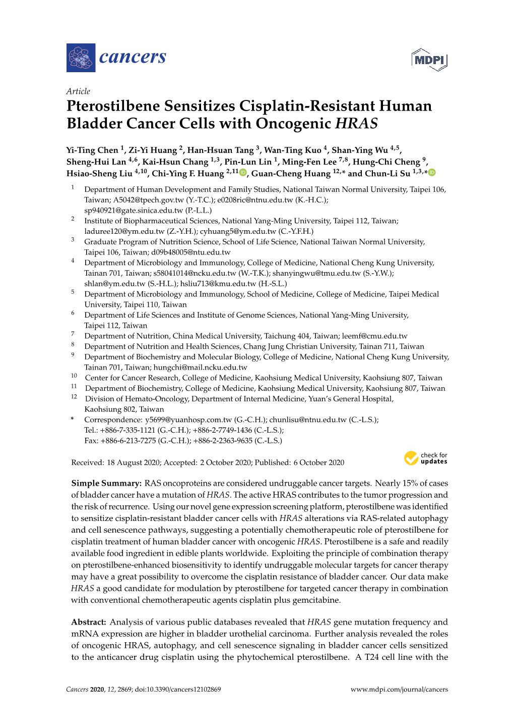 Pterostilbene Sensitizes Cisplatin-Resistant Human Bladder Cancer Cells with Oncogenic HRAS