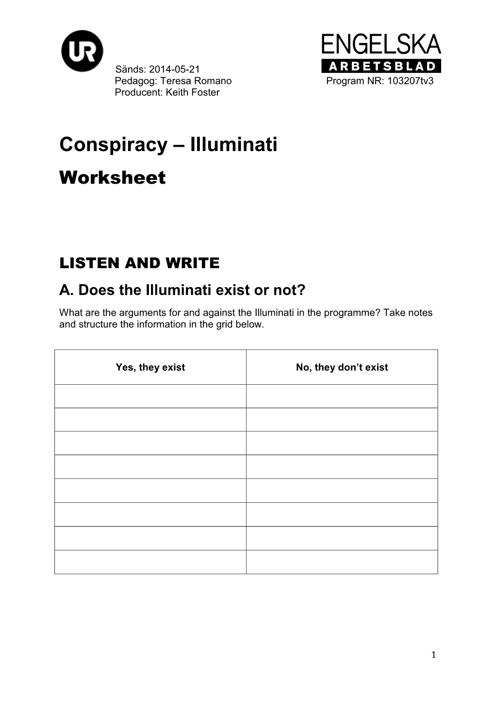 Conspiracy – Illuminati Worksheet