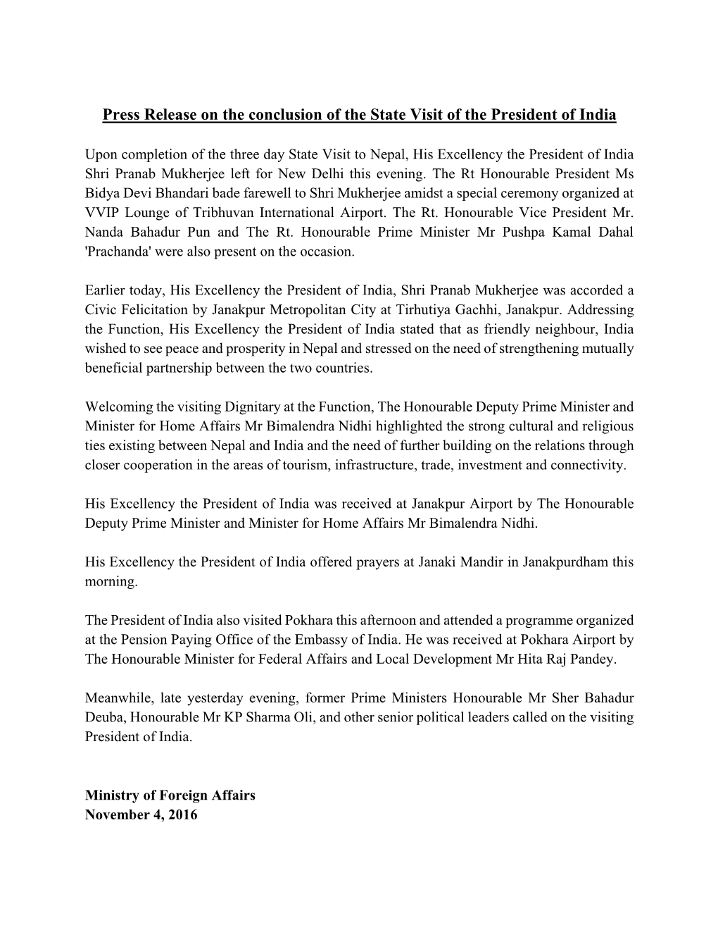 Press Release on the Conclusion of the State Visit of the President of India