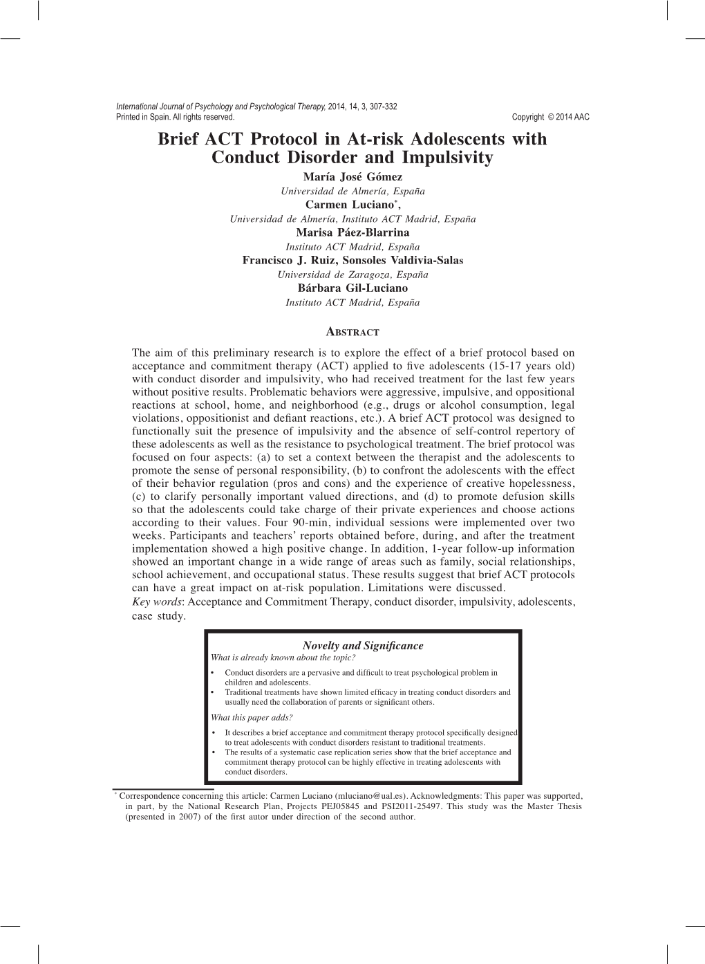 Brief ACT Protocol in At-Risk Adolescents with Conduct Disorder