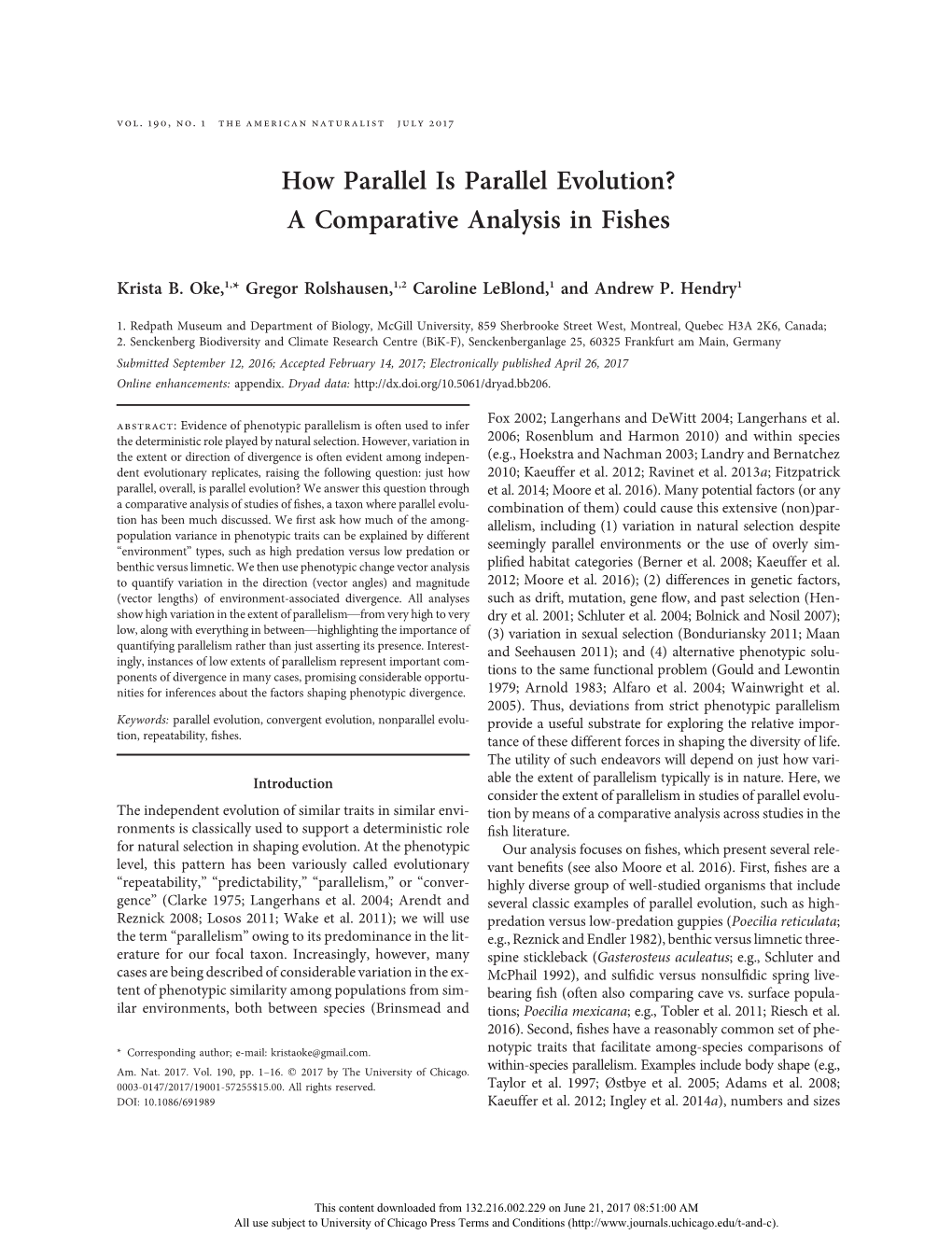 How Parallel Is Parallel Evolution? a Comparative Analysis in Fishes