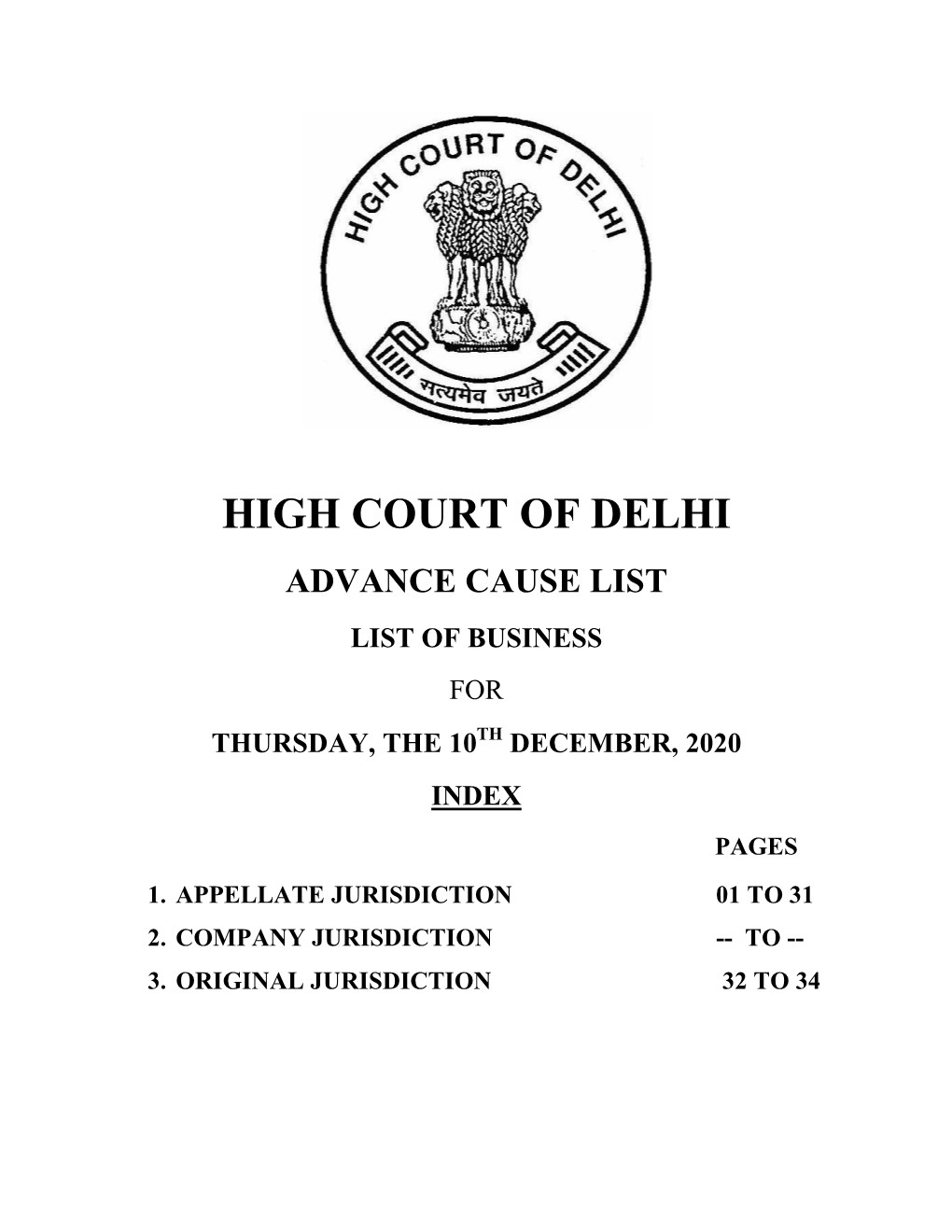 Advance Cause List List of Business for Thursday, the 10Th December, 2020 Index Pages