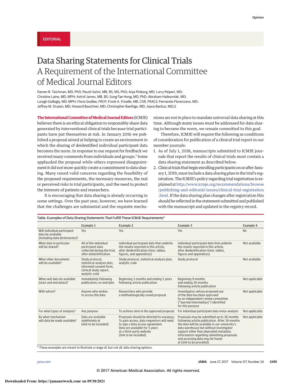 Data Sharing Statements for Clinical Trials a Requirement of the International Committee of Medical Journal Editors Darren B