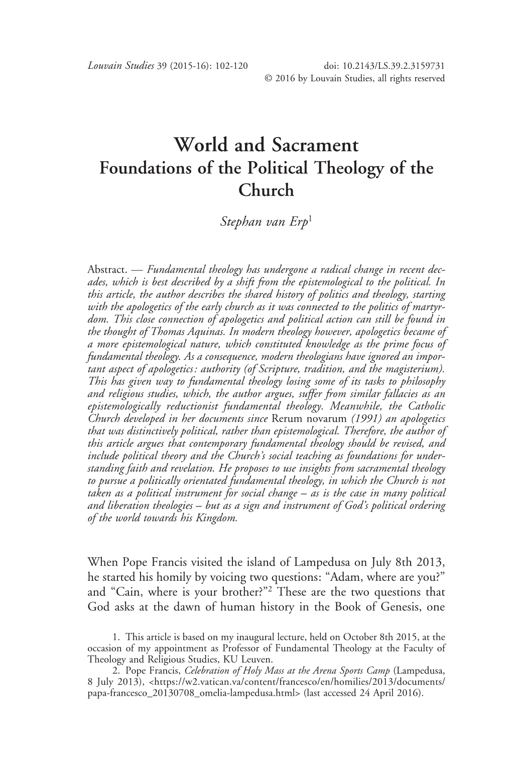 World and Sacrament Foundations of the Political Theology of the Church Stephan Van Erp1