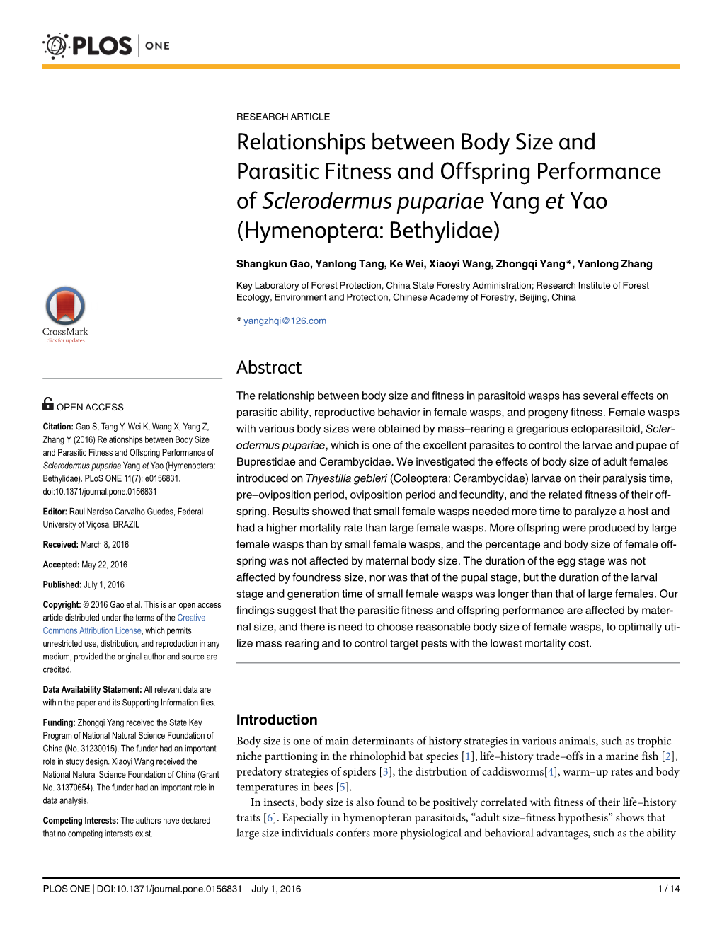 Relationships Between Body Size and Parasitic Fitness and Offspring Performance of Sclerodermus Pupariae Yang Et Yao (Hymenoptera: Bethylidae)