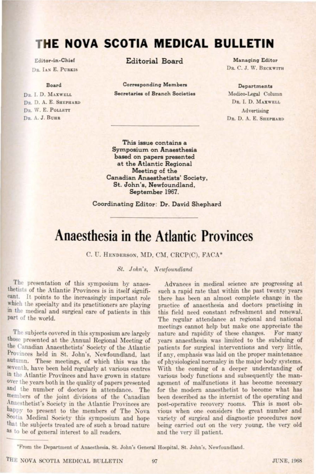 Anaesthesia in the Atlantic Provinces