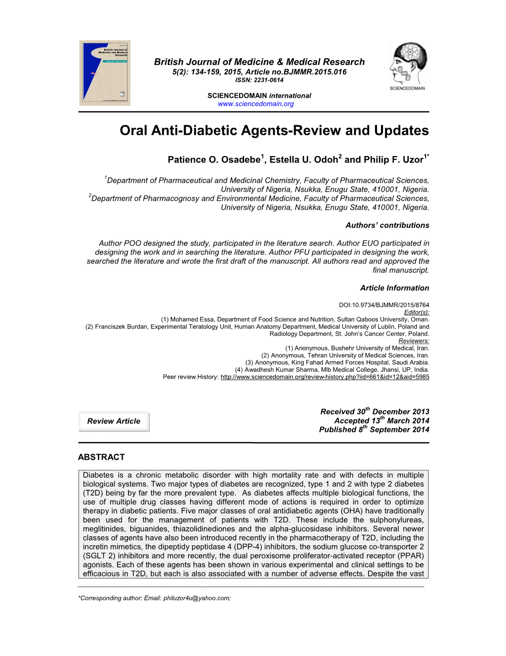 Oral Anti-Diabetic Agents-Review and Updates