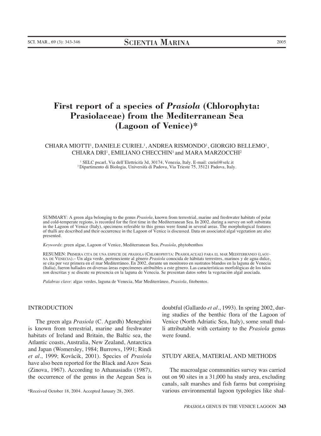 First Report of a Species of Prasiola (Chlorophyta: Prasiolaceae) from the Mediterranean Sea (Lagoon of Venice)*