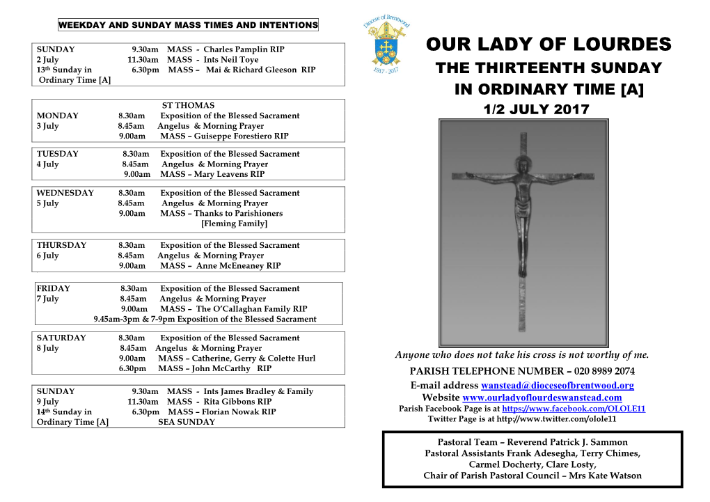 Weekday and Sunday Mass Times and Intentions