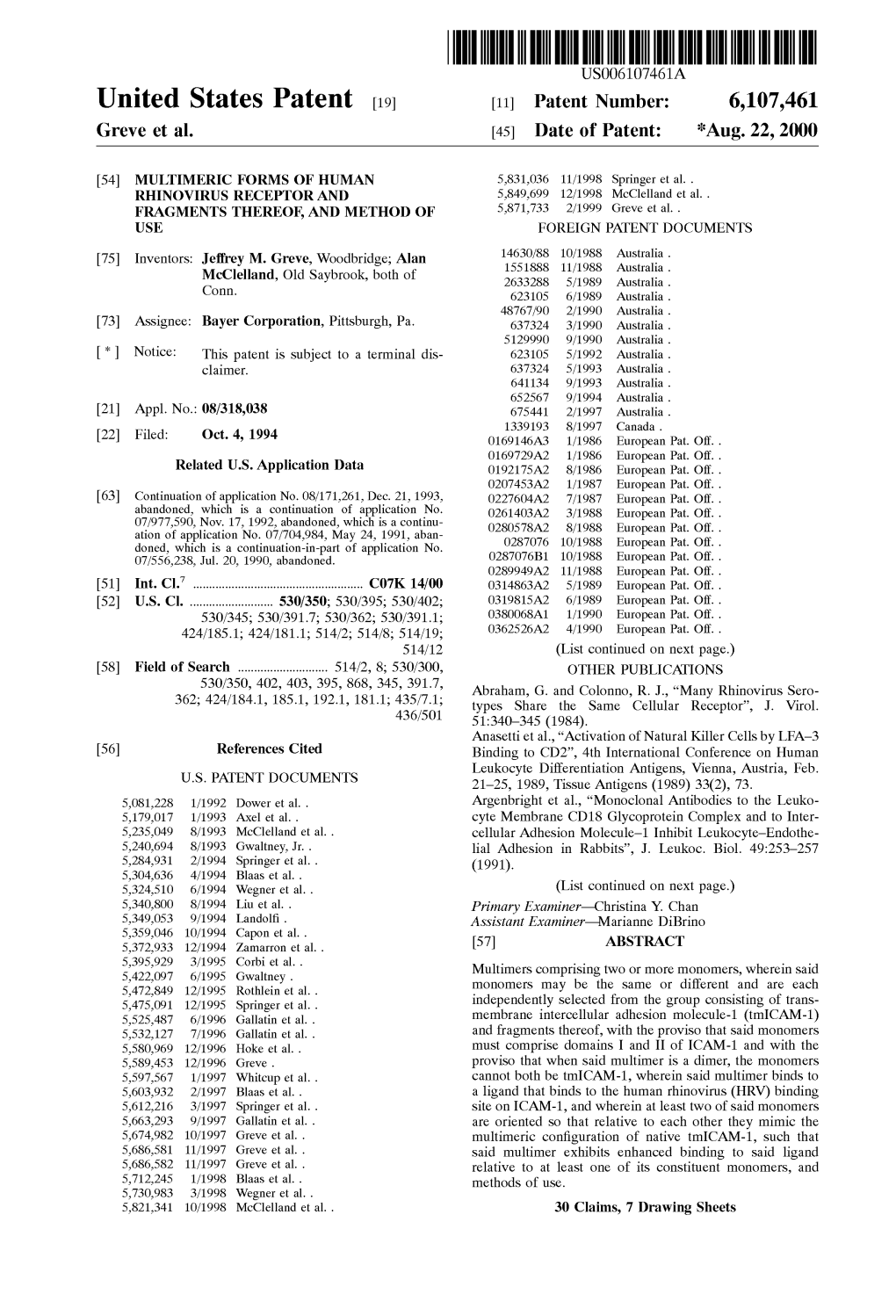 United States Patent (19) 11 Patent Number: 6,107,461 Greve Et Al