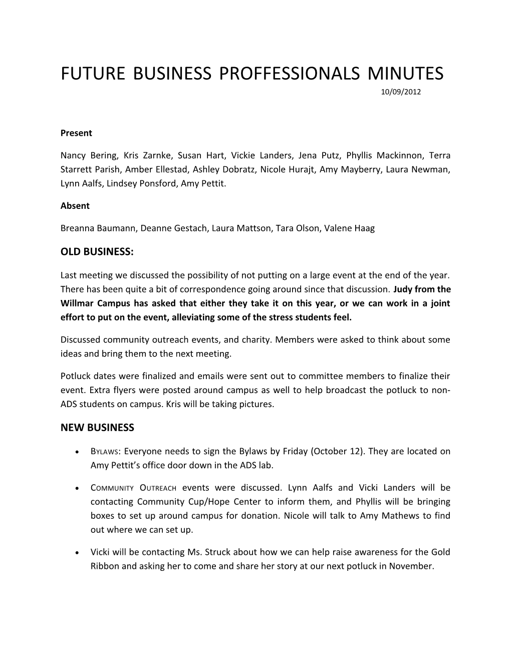 Future Business Proffessionals Minutes 10/09/2012