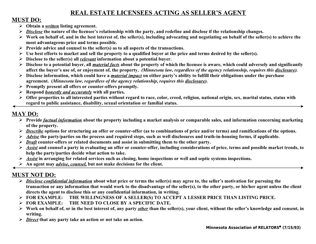 Real Estate Licensees Acting As Seller S Agent