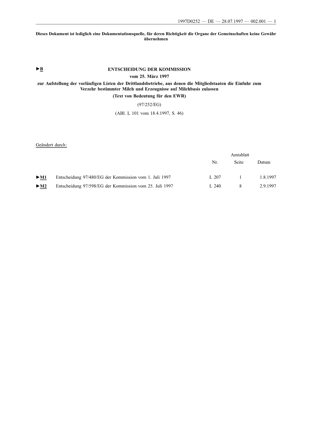 ENTSCHEIDUNG DER KOMMISSION Vom 25. März 1997 Zur Aufstellung Der Vorläufigen Listen Der Drittlandsbetriebe, Aus Denen Die