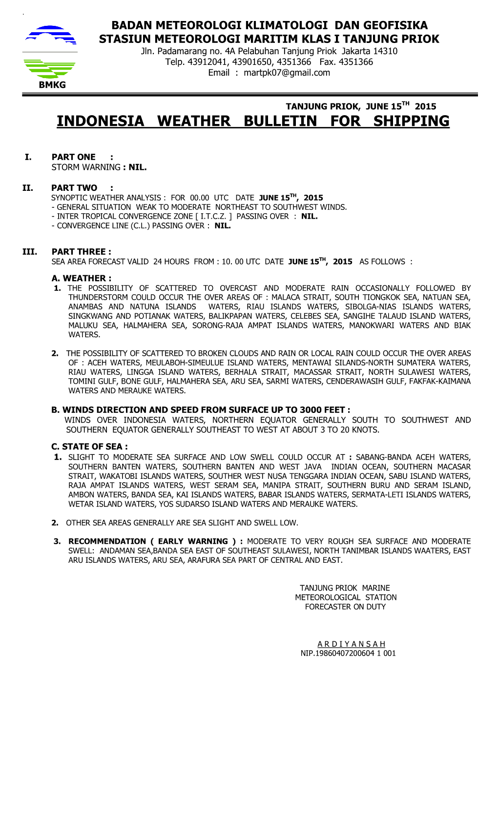 Indonesia Weather Bulletin for Shipping