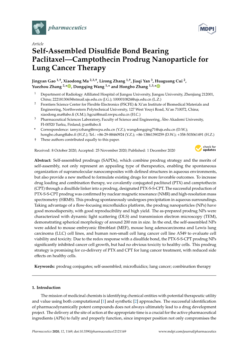 Self-Assembled Disulfide Bond Bearing Paclitaxel—Camptothecin Prodrug Nanoparticle for Lung Cancer Therapy