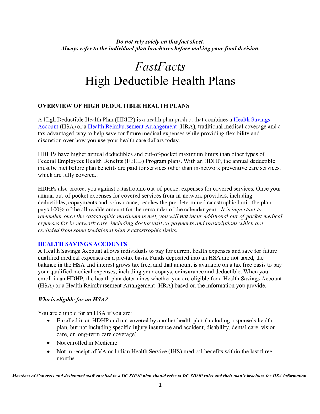 Fastfacts High Deductible Health Plans