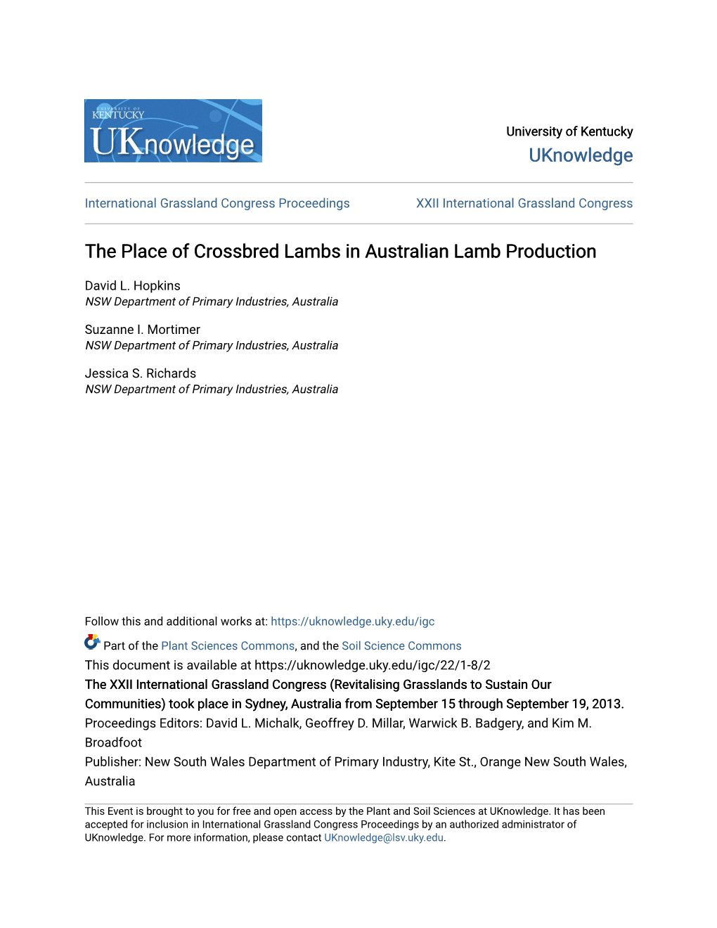 The Place of Crossbred Lambs in Australian Lamb Production