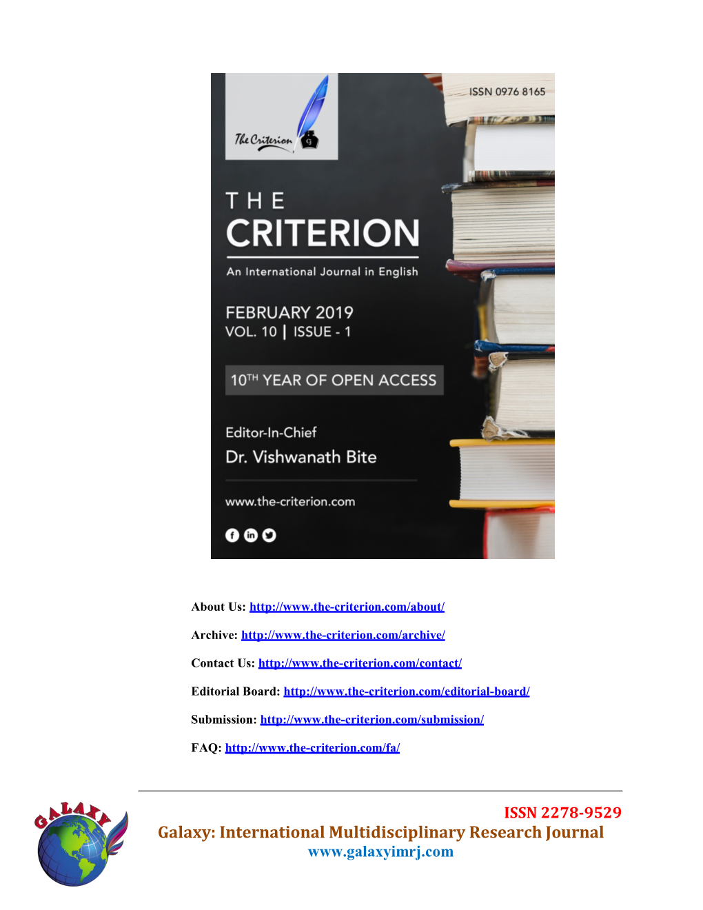 Galaxy: International Multidisciplinary Research Journal the Criterion: an International Journal in English Vol