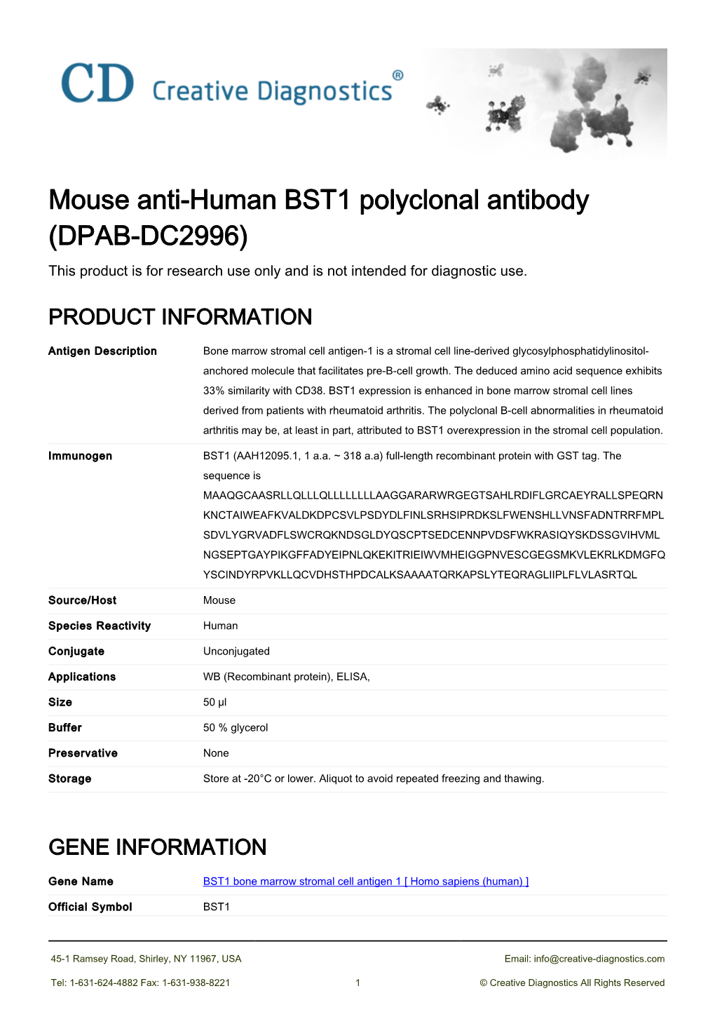 Mouse Anti-Human BST1 Polyclonal Antibody (DPAB-DC2996) This Product Is for Research Use Only and Is Not Intended for Diagnostic Use