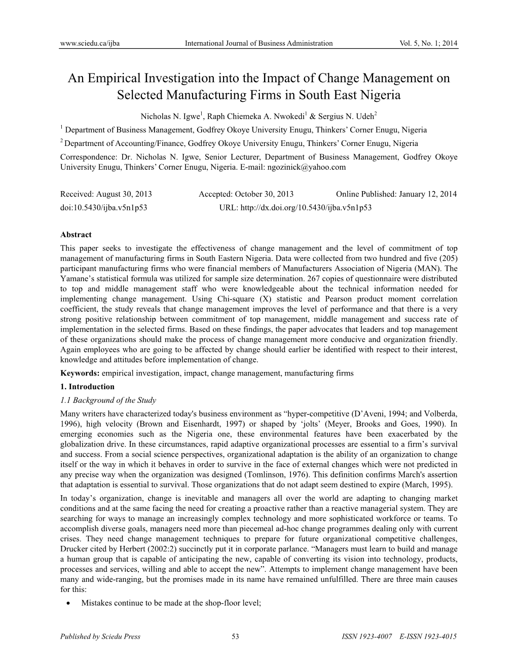 An Empirical Investigation Into the Impact of Change Management on Selected Manufacturing Firms in South East Nigeria