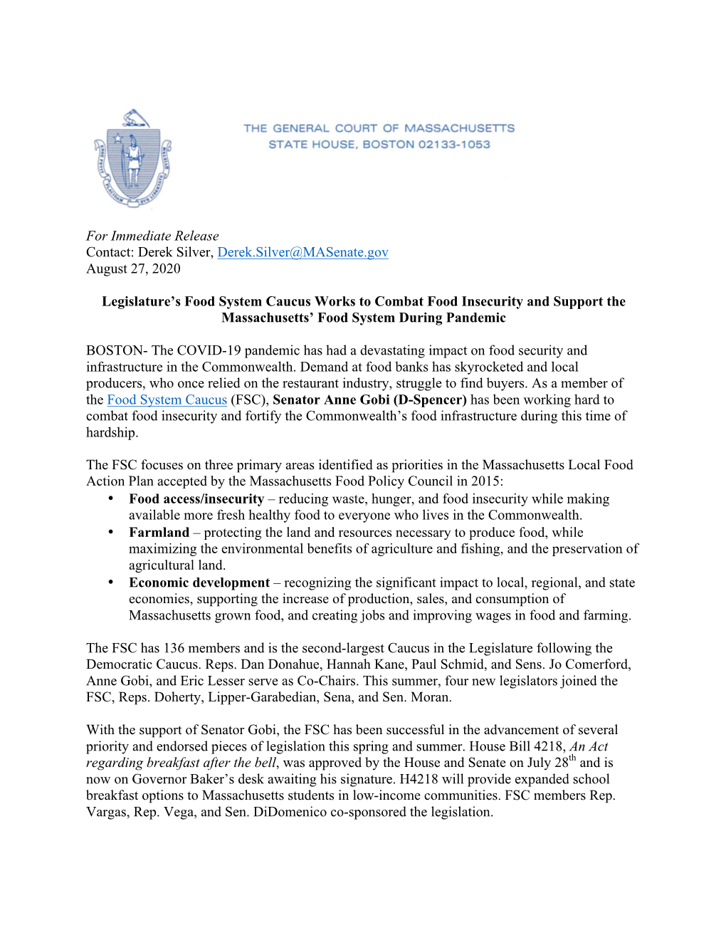 For Immediate Release Contact: Derek Silver, Derek.Silver@Masenate.Gov August 27, 2020