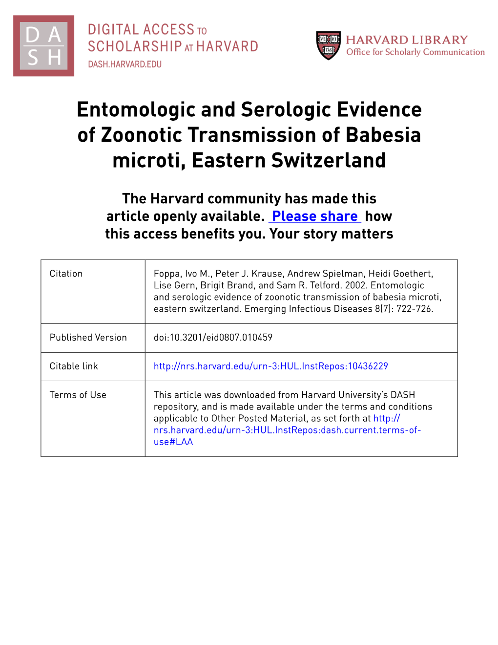 Entomologic and Serologic Evidence of Zoonotic Transmission of Babesia Microti, Eastern Switzerland