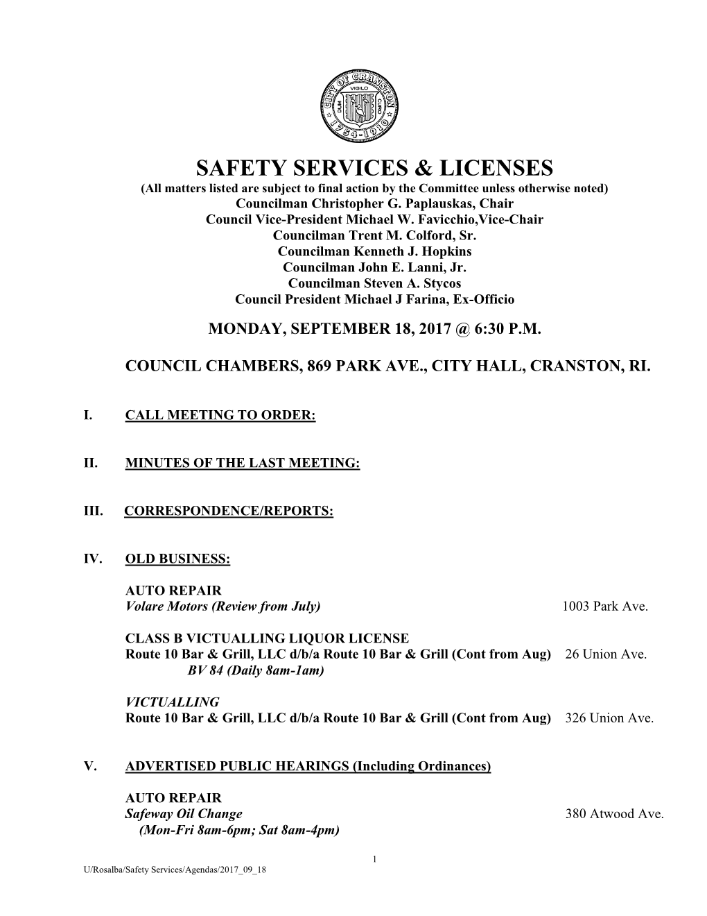 Safety Services & Licenses Committee