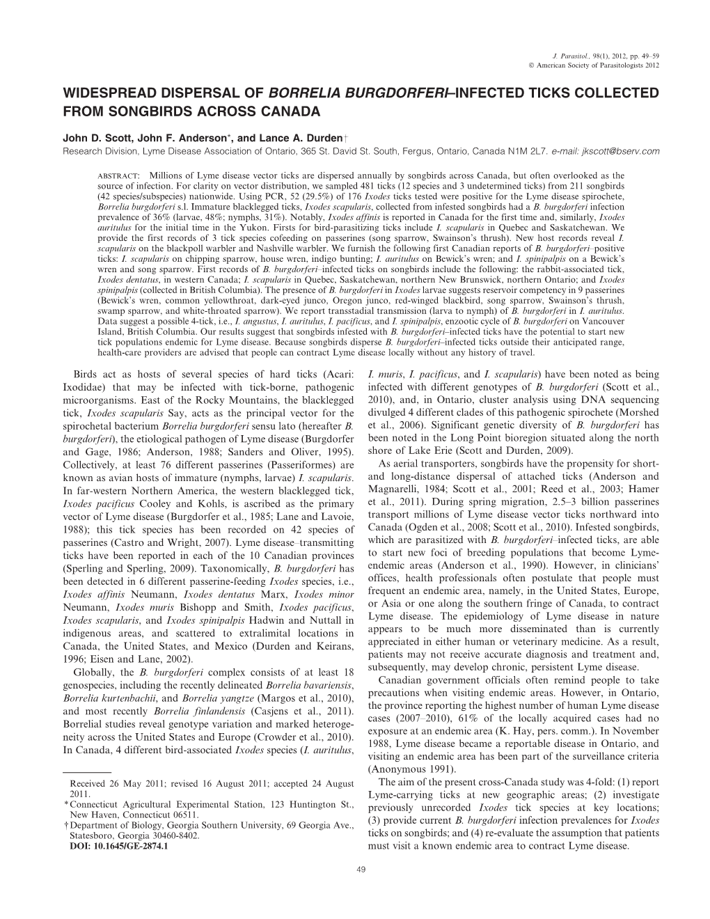 Widespread Dispersal of Borrelia Burgdorferi–Infected Ticks Collected from Songbirds Across Canada